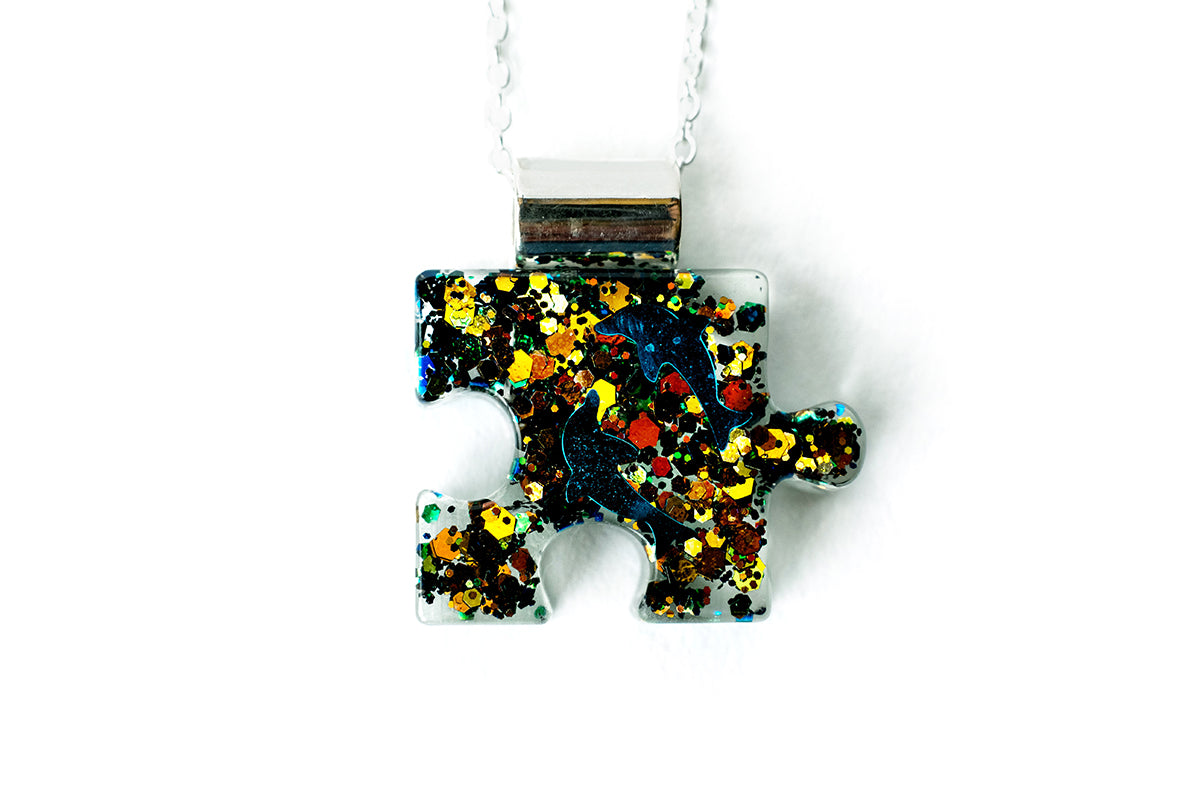 Autism Awareness Silver Puzzle Piece Ribbon Necklace-EMIDA64
